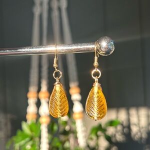 Yellow glass earrings handmade leaf shaped glass bohemian style fairycore boho